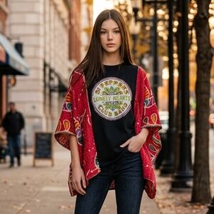 Red and Black Sgt. Pepper's Graphic Kantha Top Sm-3x